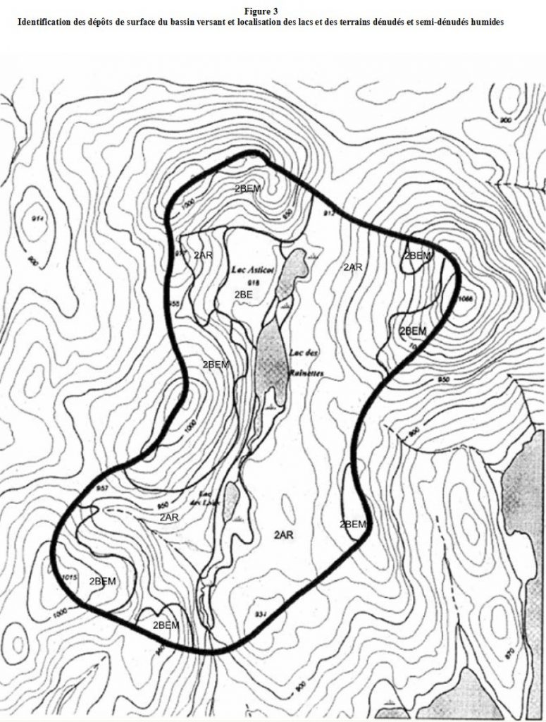 Figure 3 annexe 6 Identification des dépôts de surface du bassin versant et localisation des lacs et des terrains dénudés et semi-dénudés humides Figure 3 annexe 6 Identification des dépôts de surface du bassin versant et localisation des lacs et des terrains dénudés et semi-dénudés humides