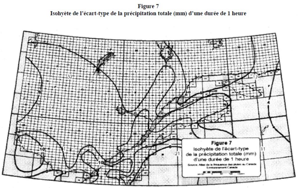 Figure 7 annexe 6 Isohyète de l’écart type de la précipitation totale d’une durée d’une heure Figure 7 annexe 6 Isohyète de l’écart type de la précipitation totale d’une durée d’une heure